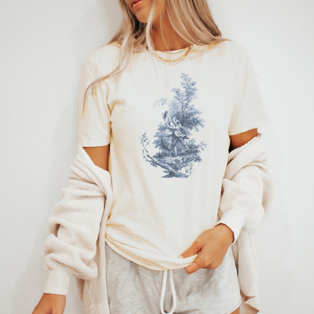 Classical Maiden in Woods Graphic Tee Vintage Etching Style
